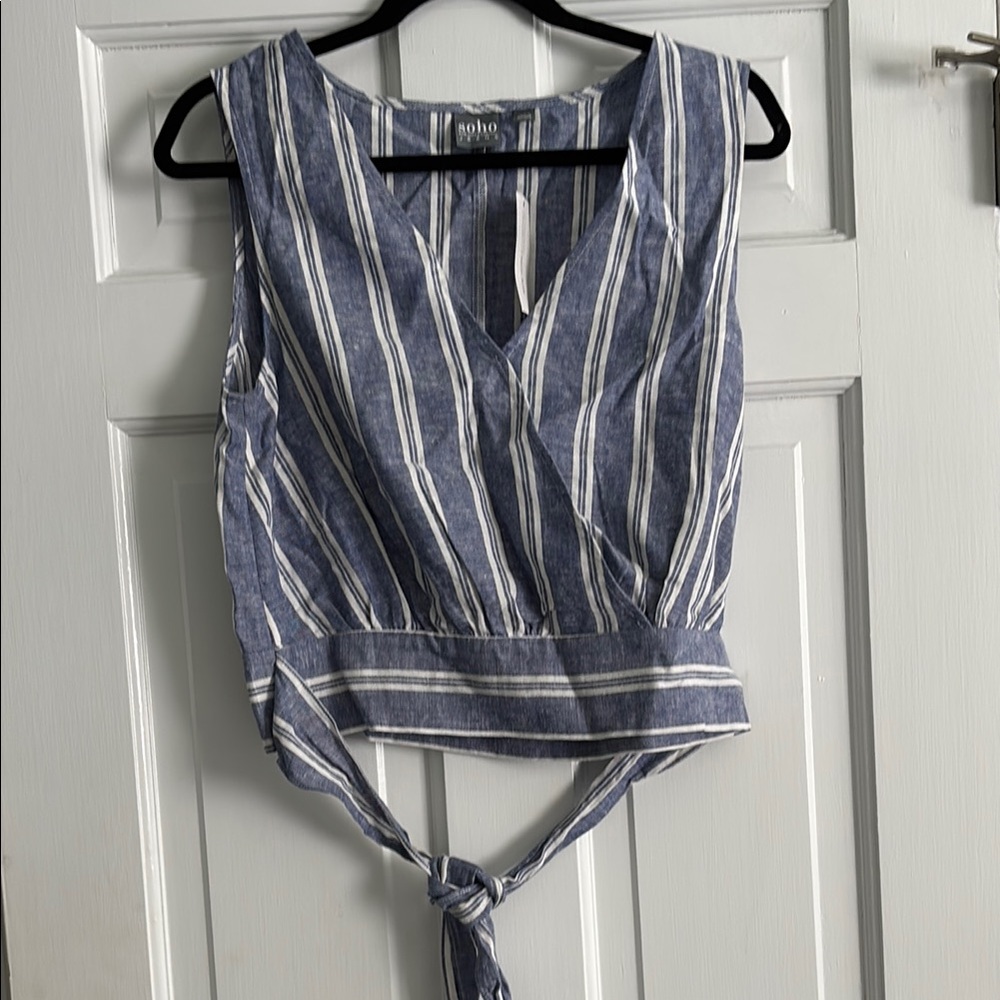 Blue and White Sleeveless Crop Wrap Blouse